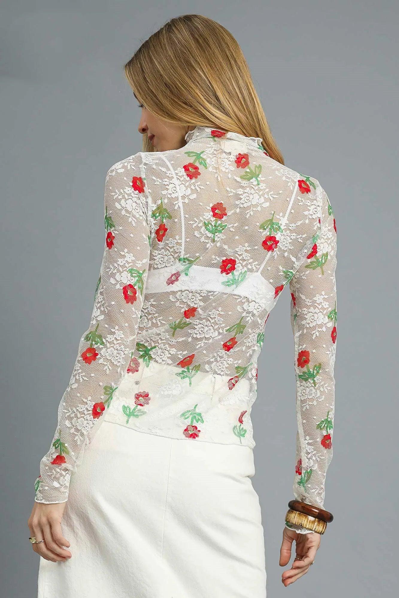 Umgee Floral Mock Neck Long Sleeve Sheer Top - VILLA FASHION