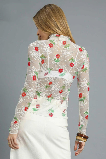 Umgee Floral Mock Neck Long Sleeve Sheer Top - VILLA FASHION