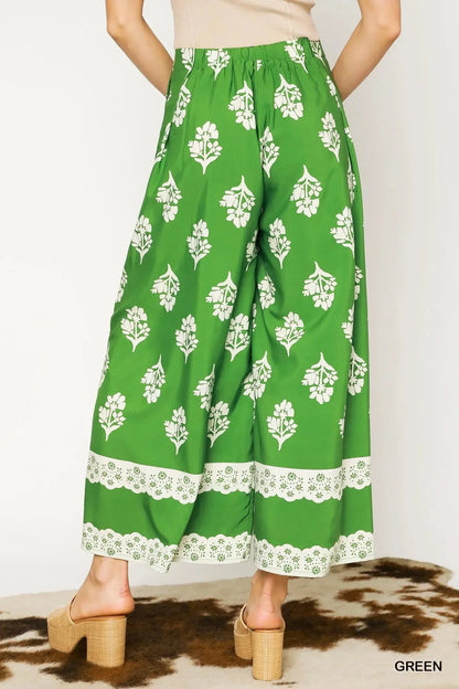 Umgee Floral Pleated Wide - Leg Pants - VILLA FASHION