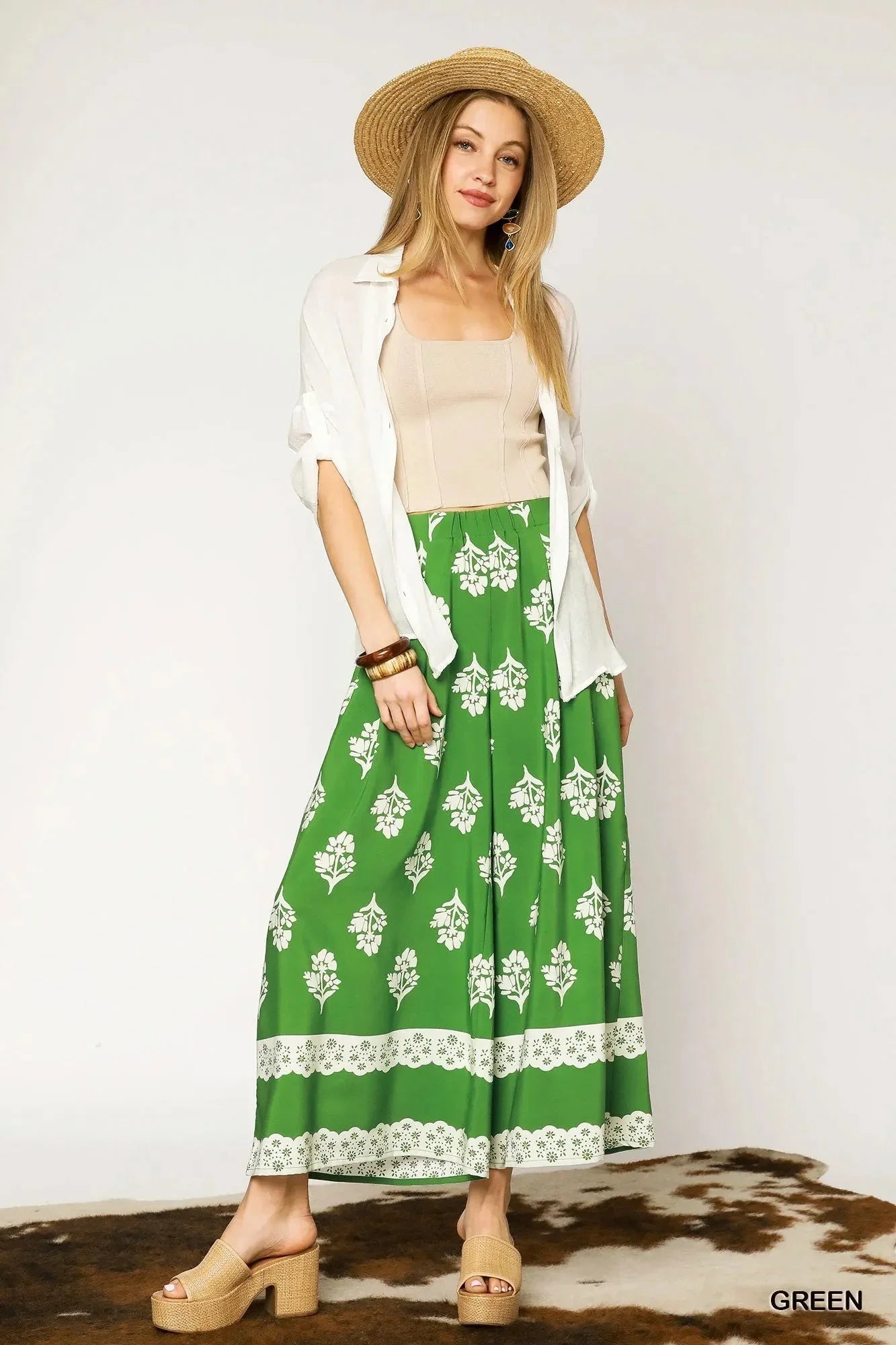 Umgee Floral Pleated Wide - Leg Pants - VILLA FASHION