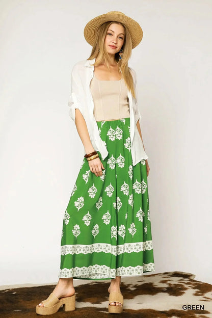 Umgee Floral Pleated Wide - Leg Pants - VILLA FASHION