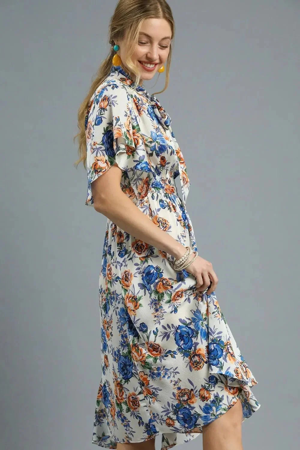 Umgee Floral Print Flutter Sleeve Dress - VILLA FASHION