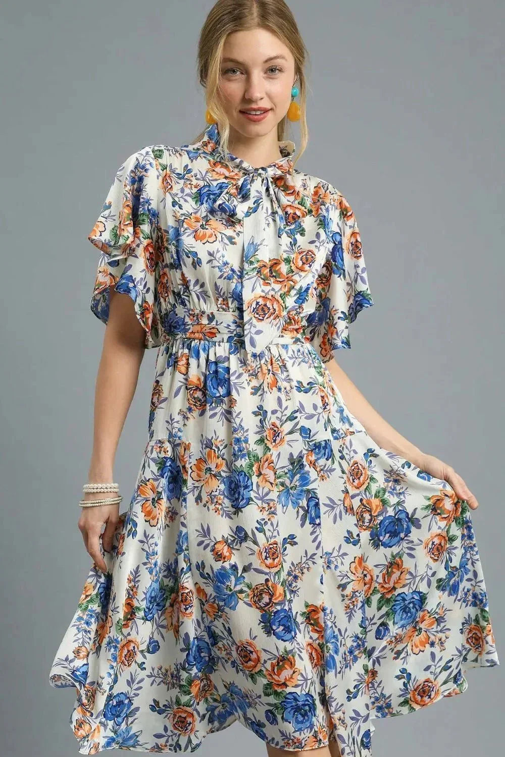 Umgee Floral Print Flutter Sleeve Dress - VILLA FASHION