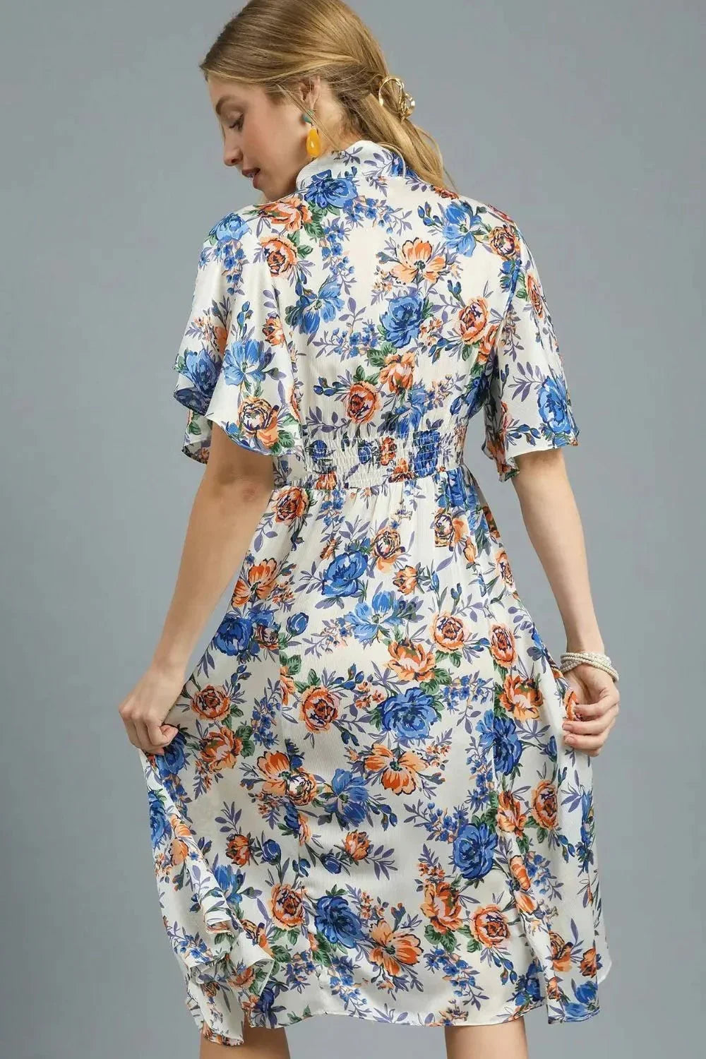 Umgee Floral Print Flutter Sleeve Dress - VILLA FASHION