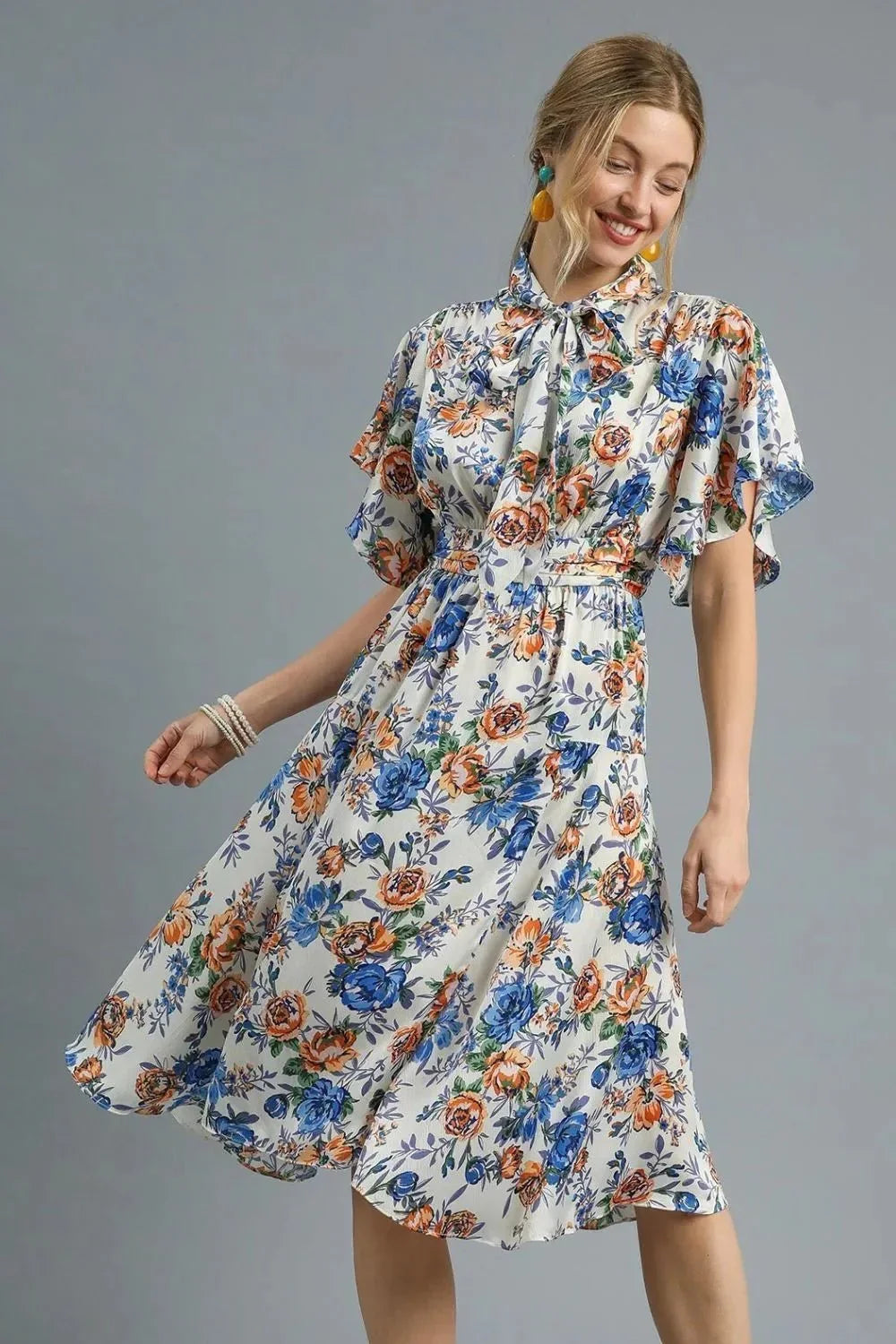 Umgee Floral Print Flutter Sleeve Dress - VILLA FASHION