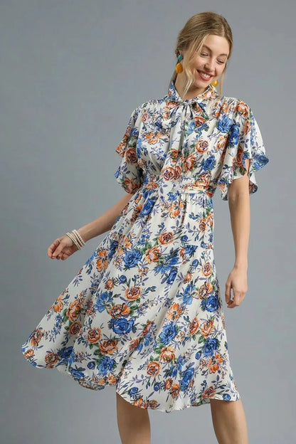 Umgee Floral Print Flutter Sleeve Dress - VILLA FASHION