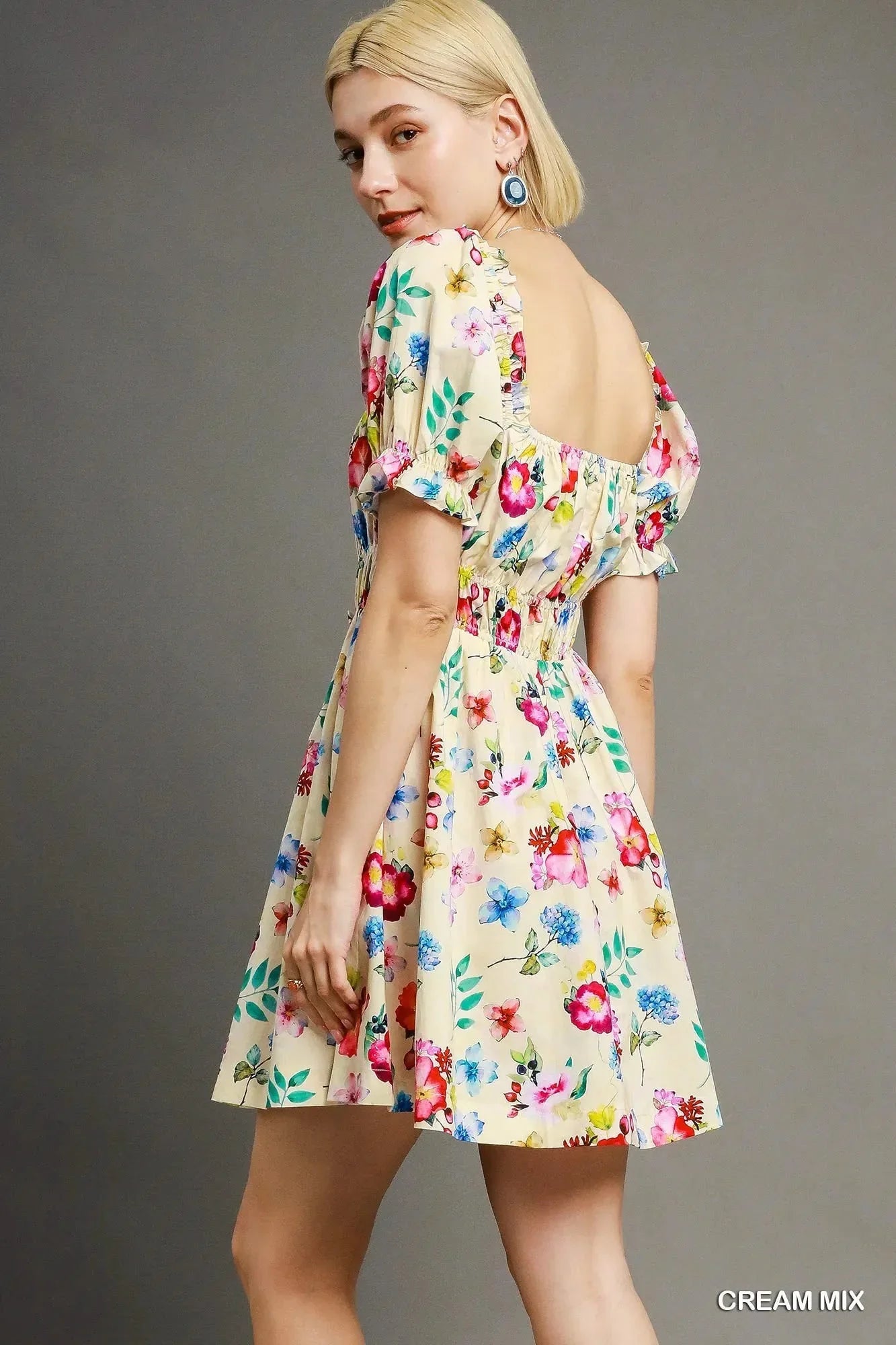 Umgee Floral Print Puff Sleeve Mini Dress - VILLA FASHION