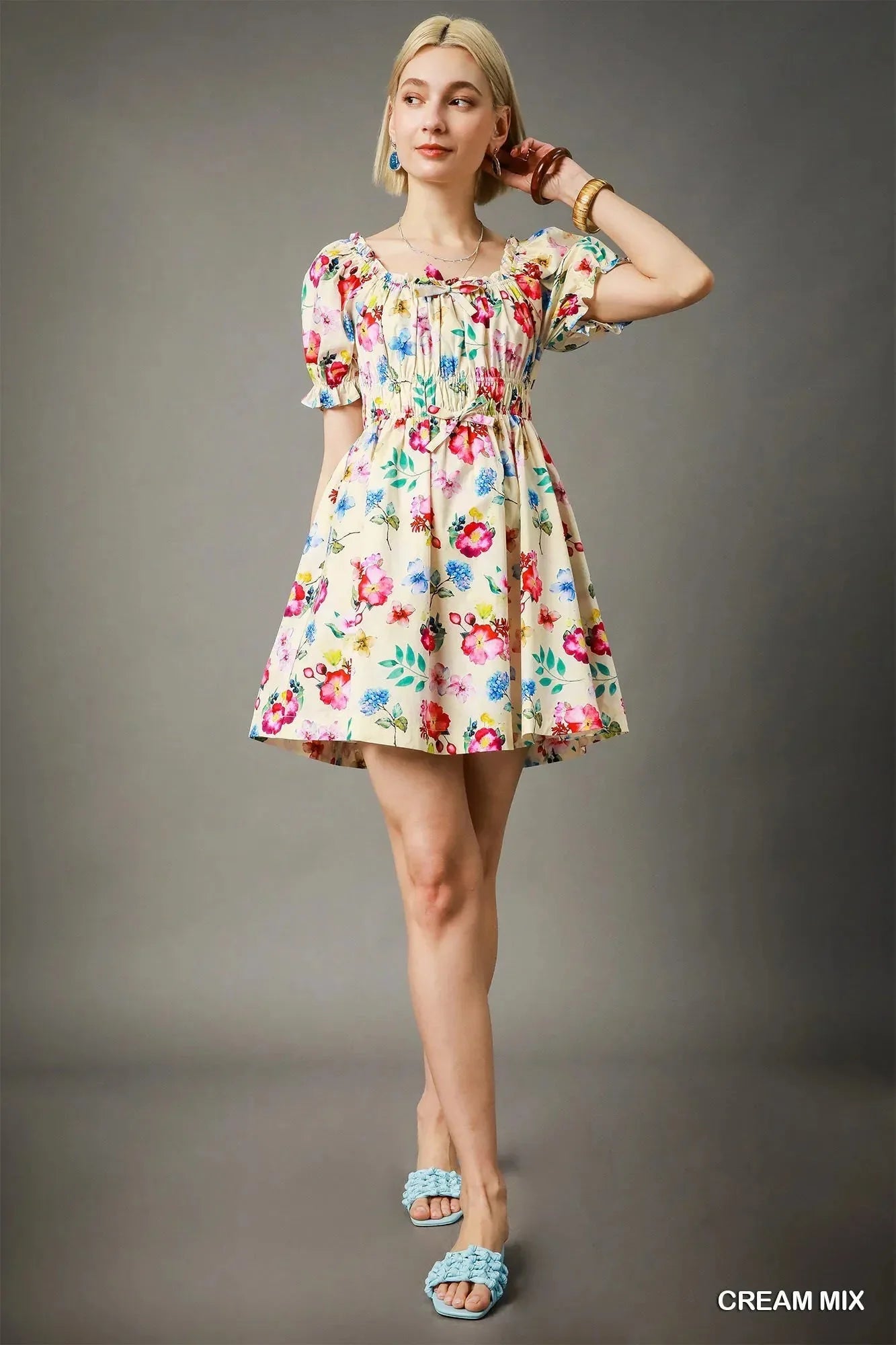Umgee Floral Print Puff Sleeve Mini Dress - VILLA FASHION
