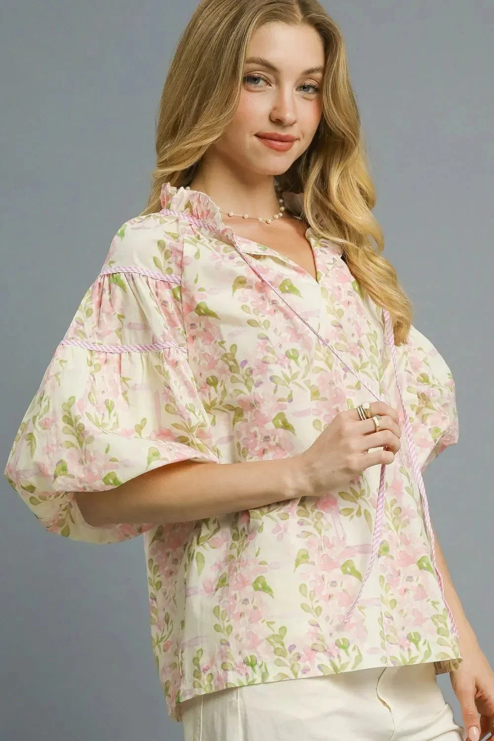 Umgee Floral Print Puff Sleeve Tie Neck Blouse - VILLA FASHION