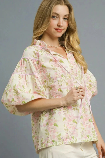 Umgee Floral Print Puff Sleeve Tie Neck Blouse - VILLA FASHION