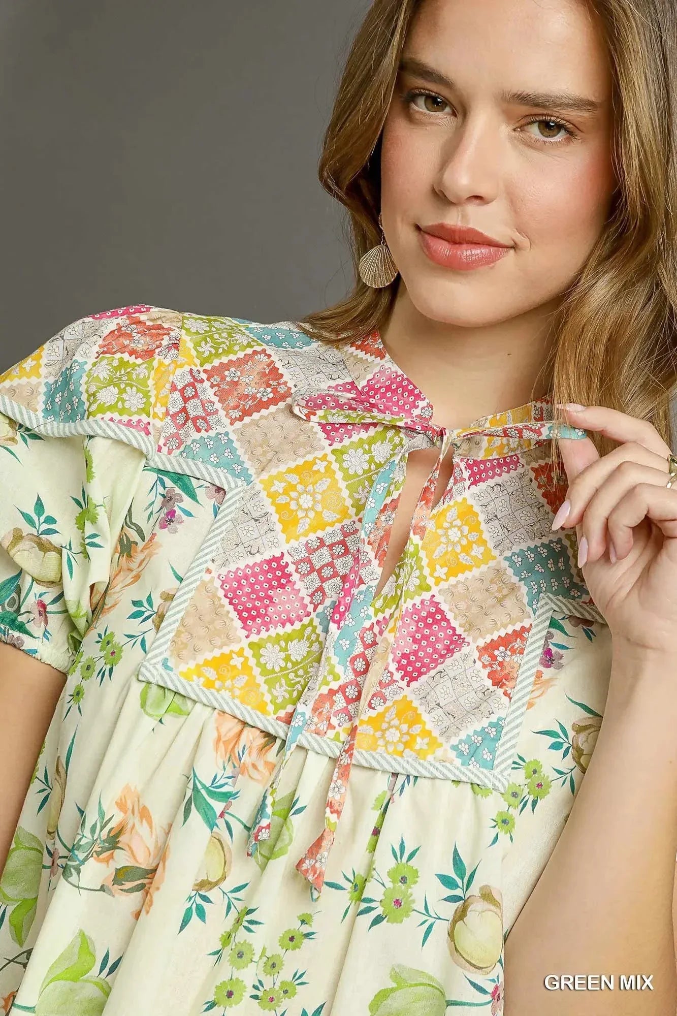 Umgee Floral Print Tie Neck Puff Sleeve Dress - VILLA FASHION