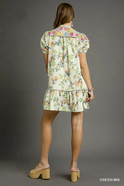Umgee Floral Print Tie Neck Puff Sleeve Dress - VILLA FASHION