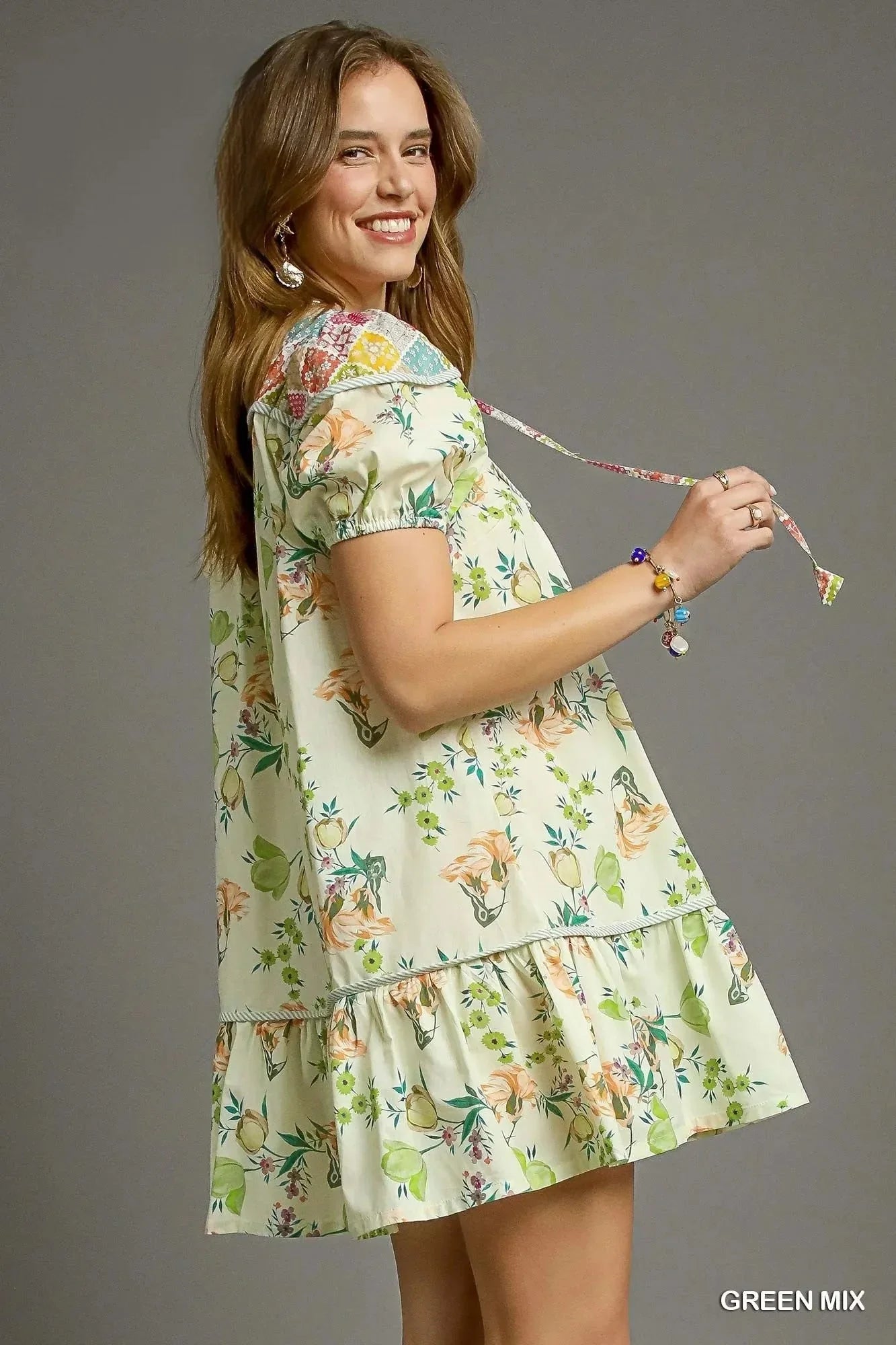 Umgee Floral Print Tie Neck Puff Sleeve Dress - VILLA FASHION