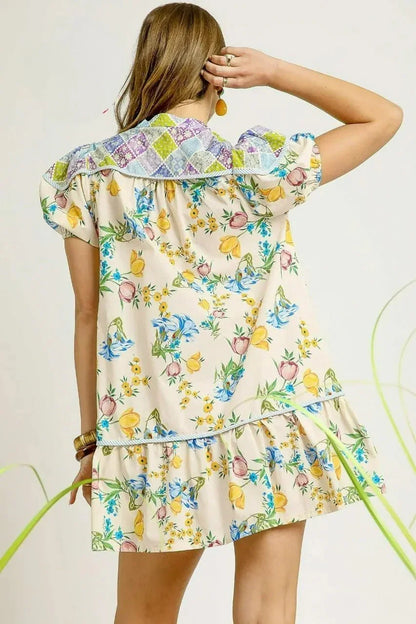 Umgee Floral Print Tie Neck Puff Sleeve Dress - VILLA FASHION