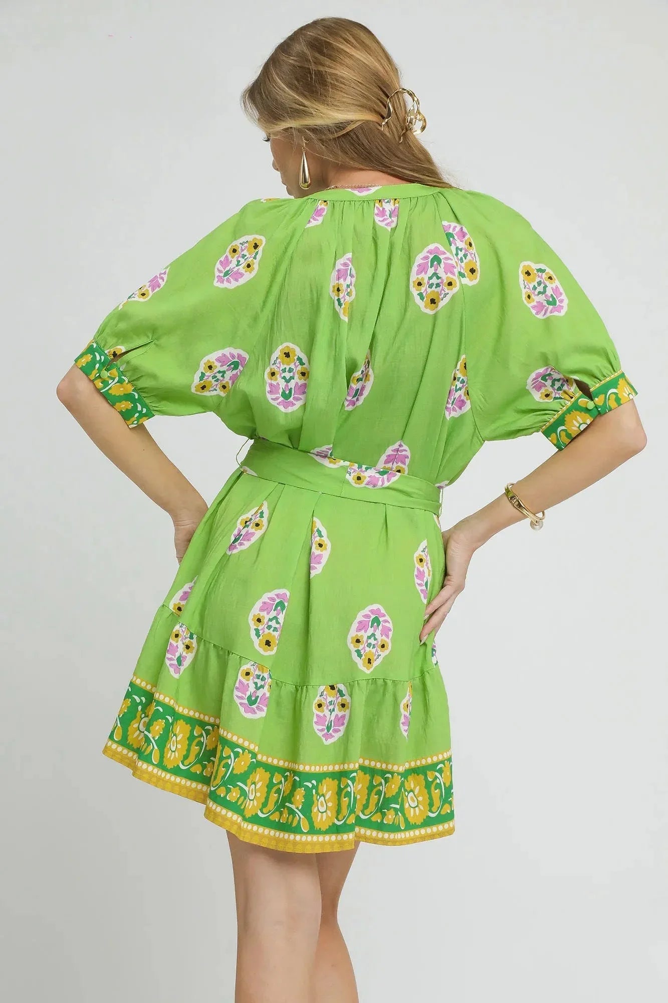 Umgee Floral Print Tie Waist Short Sleeve Dress - VILLA FASHION