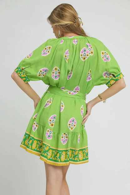 Umgee Floral Print Tie Waist Short Sleeve Dress - VILLA FASHION