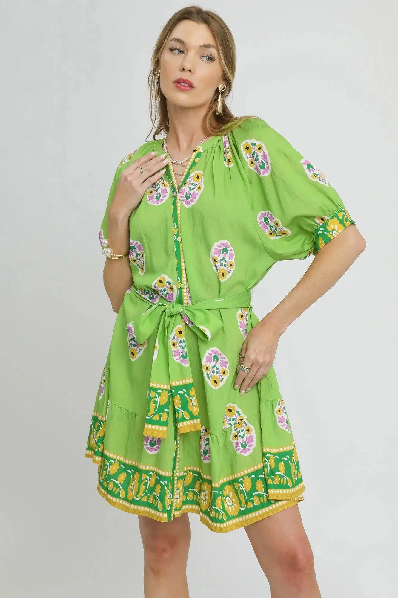 Umgee Floral Print Tie Waist Short Sleeve Dress - VILLA FASHION