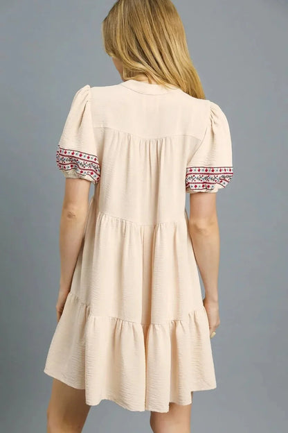 Umgee Floral Trim Puff Sleeve Mini Dress - VILLA FASHION