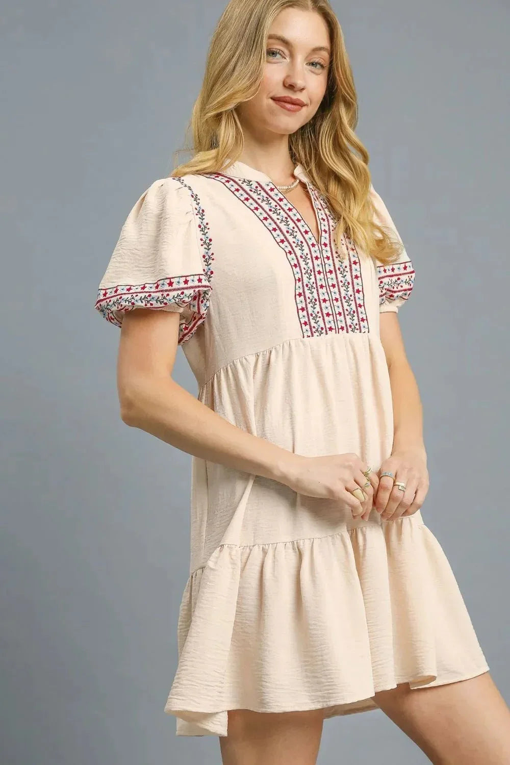 Umgee Floral Trim Puff Sleeve Mini Dress - VILLA FASHION