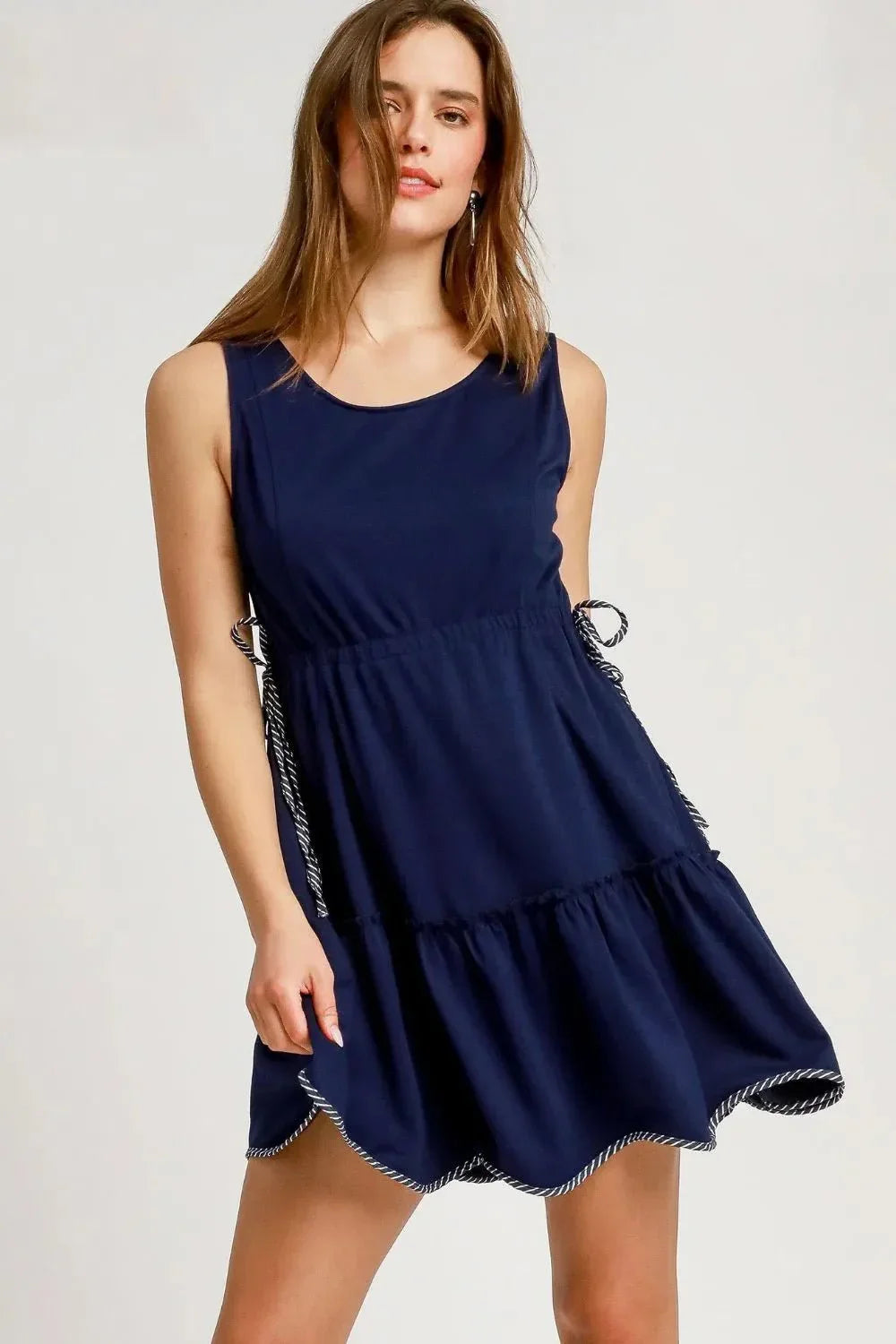 Umgee Frill Drawstring Waist Round Neck Mini Tank Dress - VILLA FASHION
