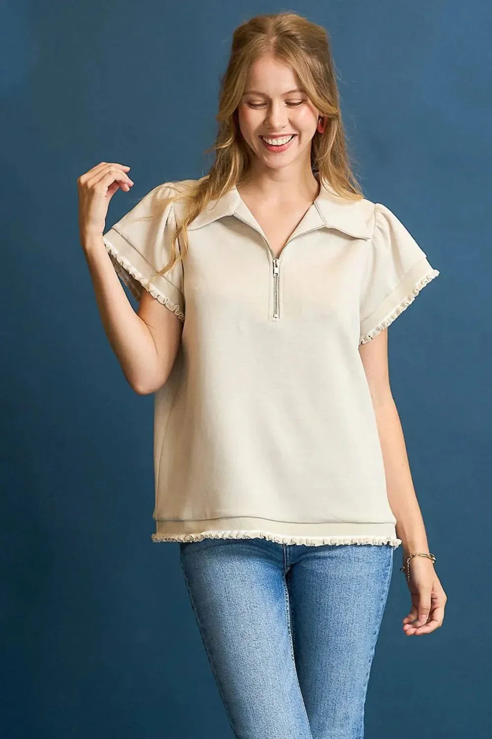 Umgee Frill Hem Half - Zip Collared Blouse - VILLA FASHION