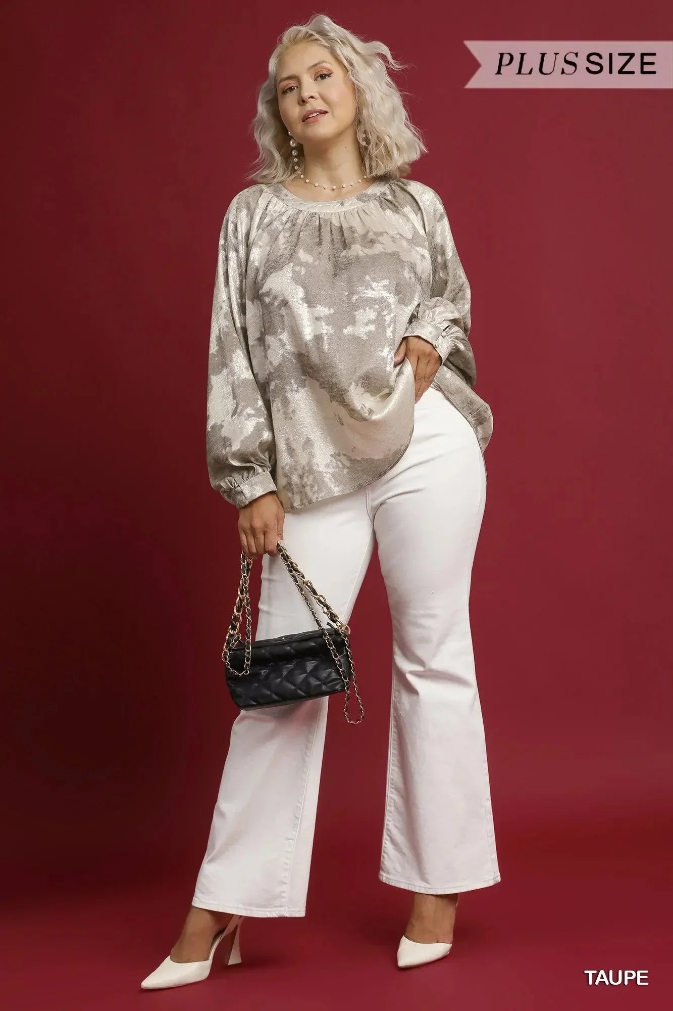 Umgee Full Size Metallic Fabric Blouse with Balloon Sleeves Plus Size - VILLA FASHION