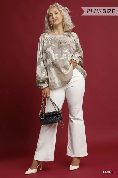 Umgee Full Size Metallic Fabric Blouse with Balloon Sleeves Plus Size - VILLA FASHION