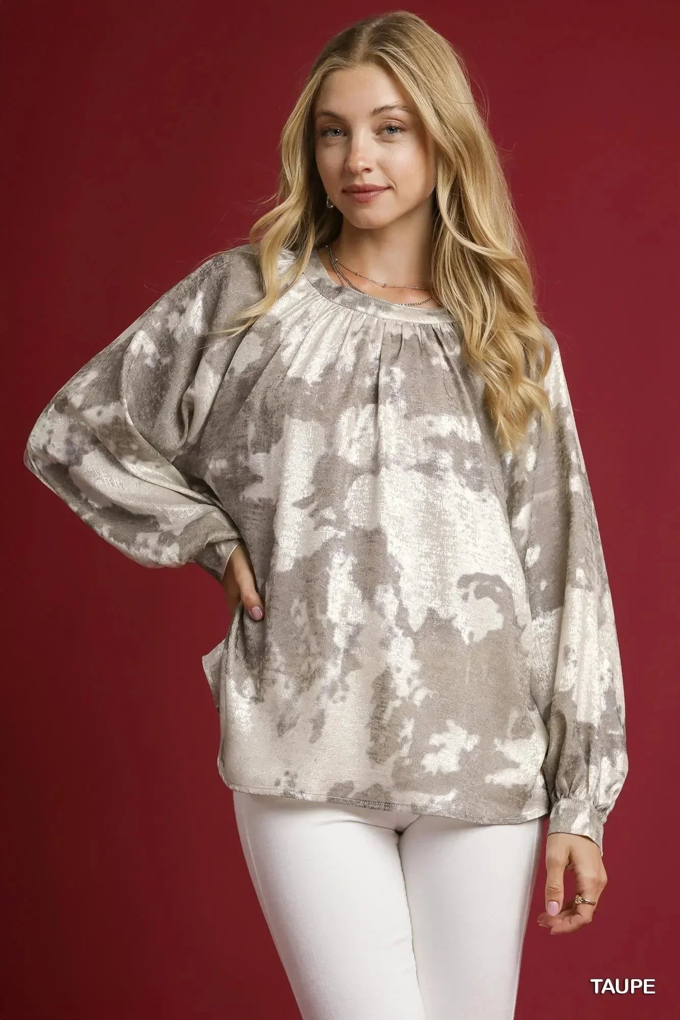 Umgee Full Size Metallic Fabric Blouse with Balloon Sleeves Plus Size - VILLA FASHION