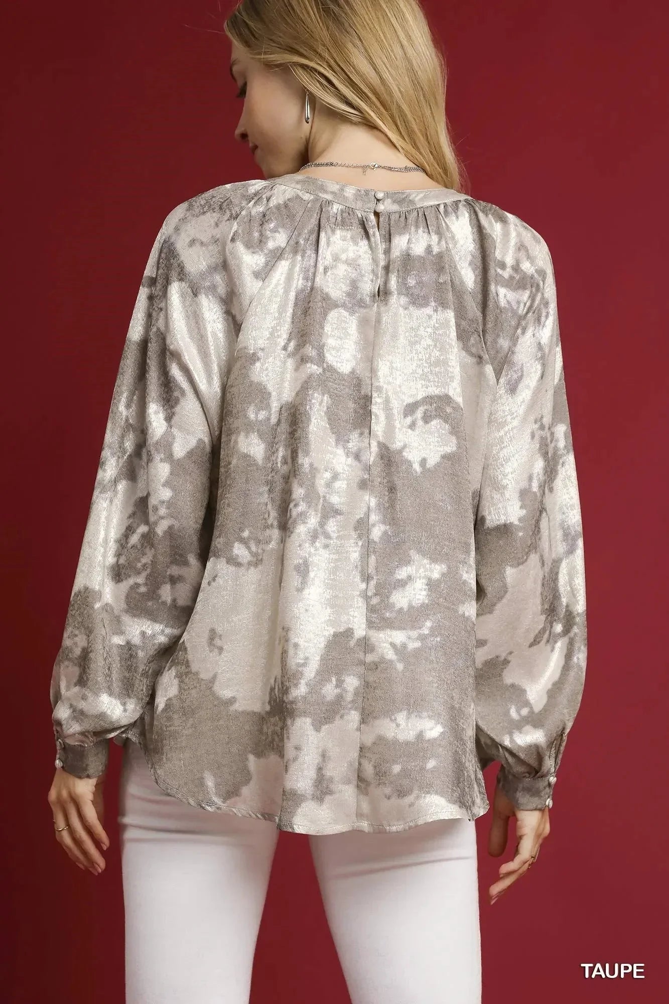 Umgee Full Size Metallic Fabric Blouse with Balloon Sleeves Plus Size - VILLA FASHION