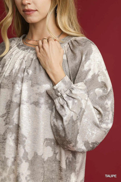 Umgee Full Size Metallic Fabric Blouse with Balloon Sleeves Plus Size - VILLA FASHION