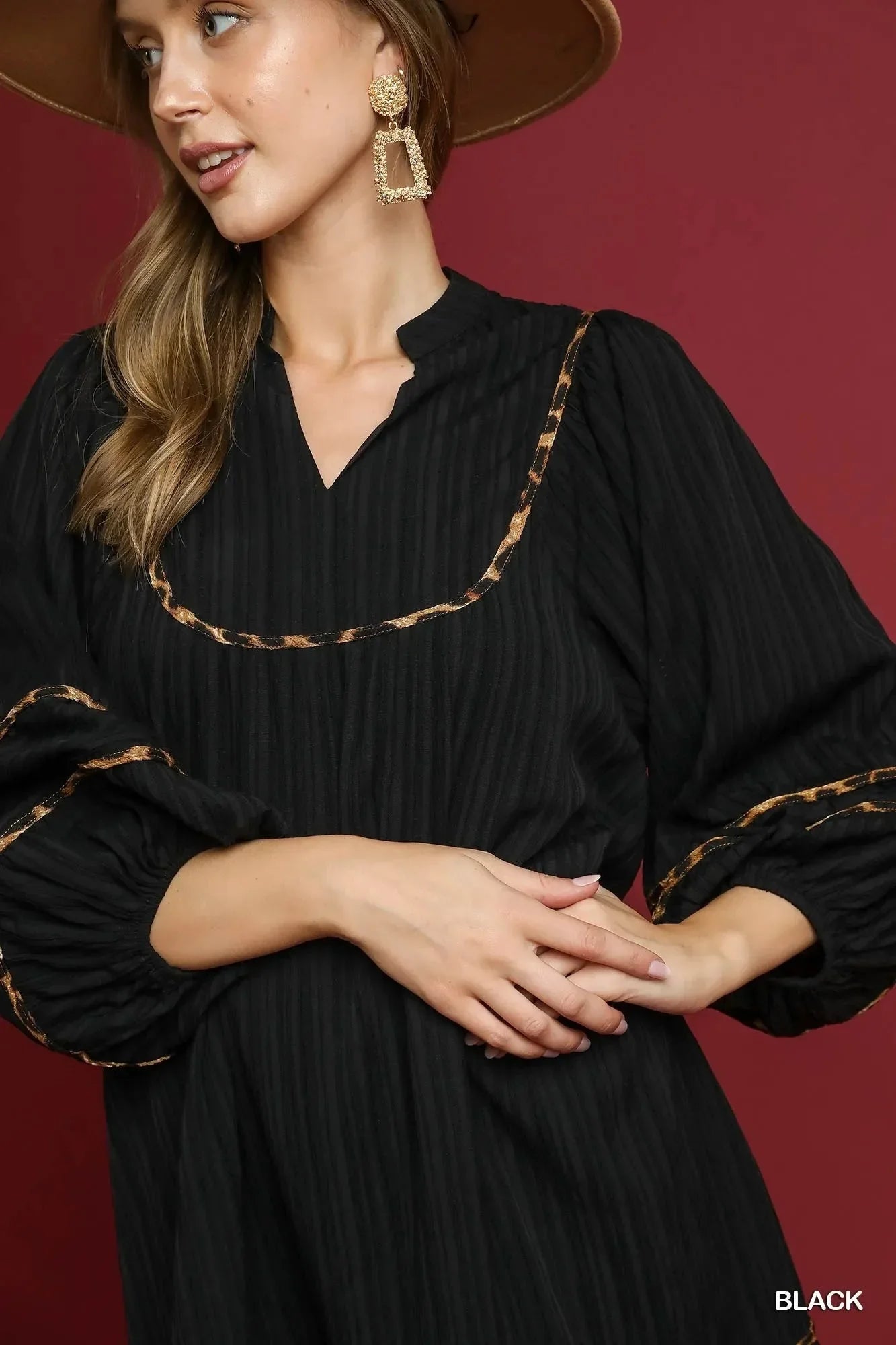 Umgee Full Size Textured Babydoll Dress with Leopard Trim Plus Size - VILLA FASHION