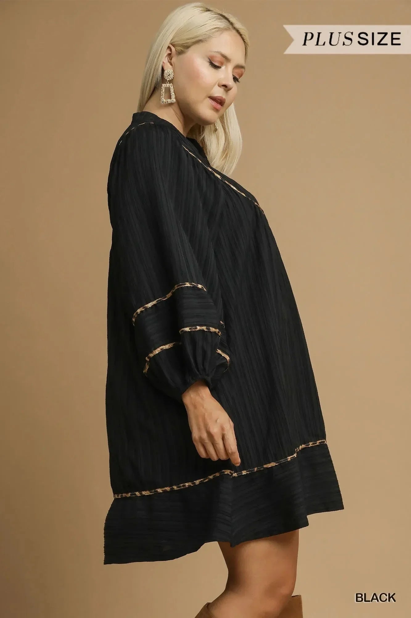 Umgee Full Size Textured Babydoll Dress with Leopard Trim Plus Size - VILLA FASHION