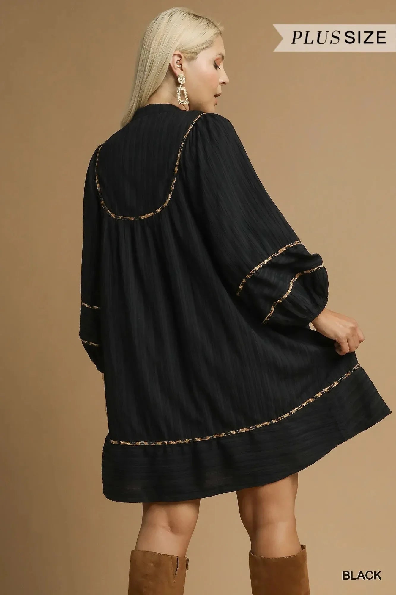 Umgee Full Size Textured Babydoll Dress with Leopard Trim Plus Size - VILLA FASHION