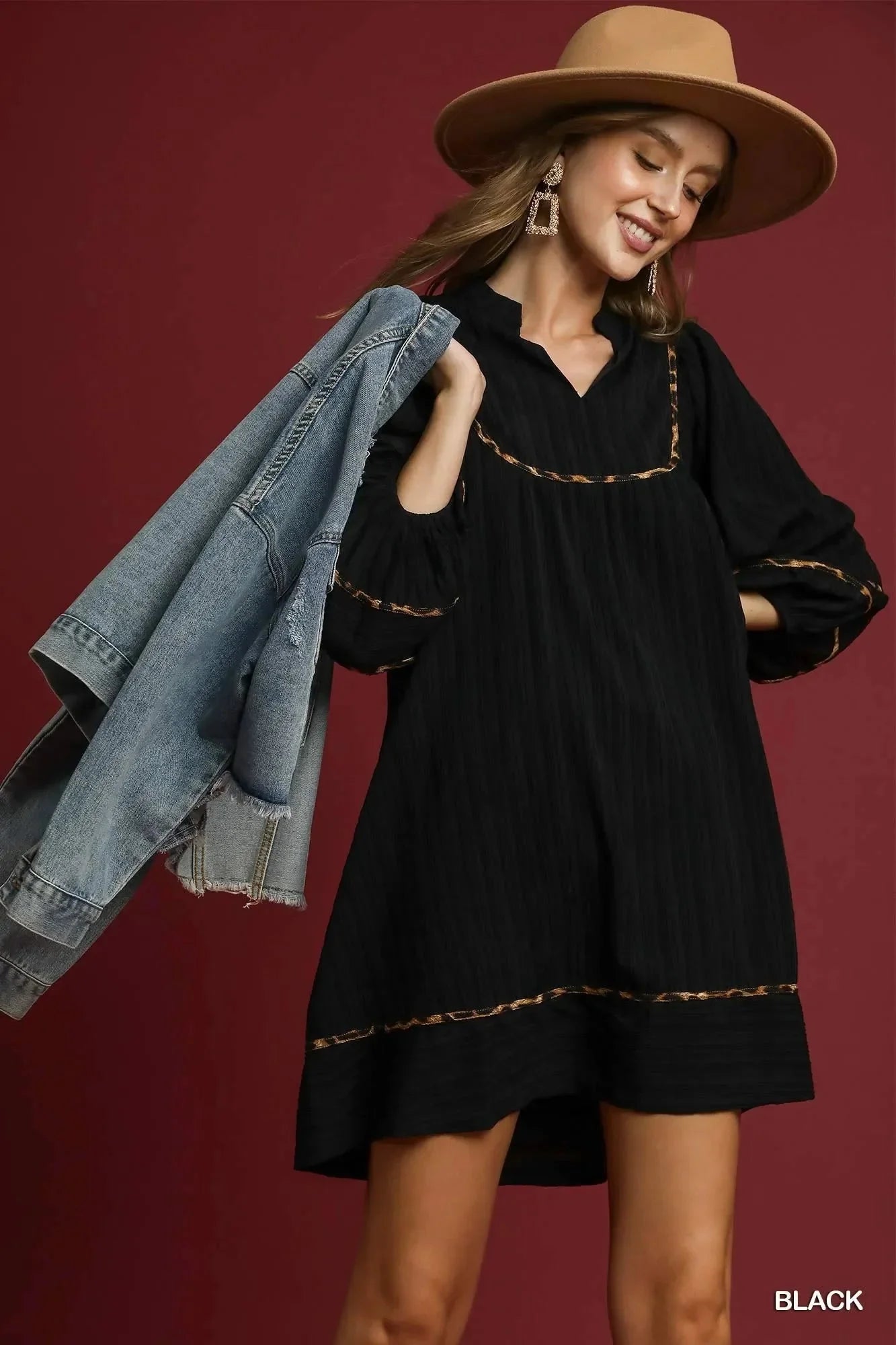 Umgee Full Size Textured Babydoll Dress with Leopard Trim Plus Size - VILLA FASHION