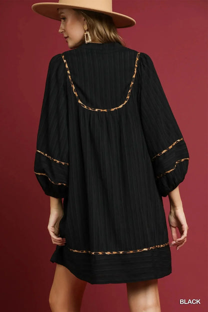 Umgee Full Size Textured Babydoll Dress with Leopard Trim Plus Size - VILLA FASHION
