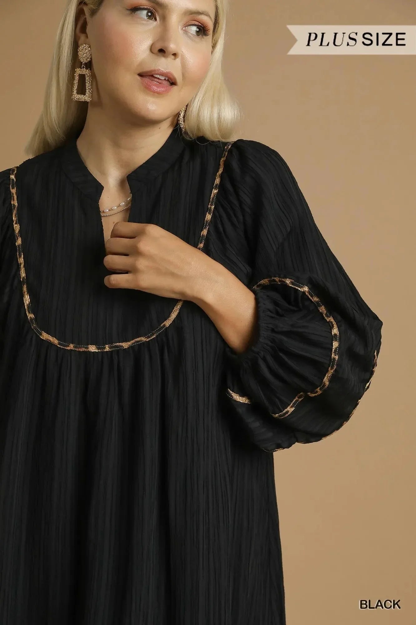 Umgee Full Size Textured Babydoll Dress with Leopard Trim Plus Size - VILLA FASHION