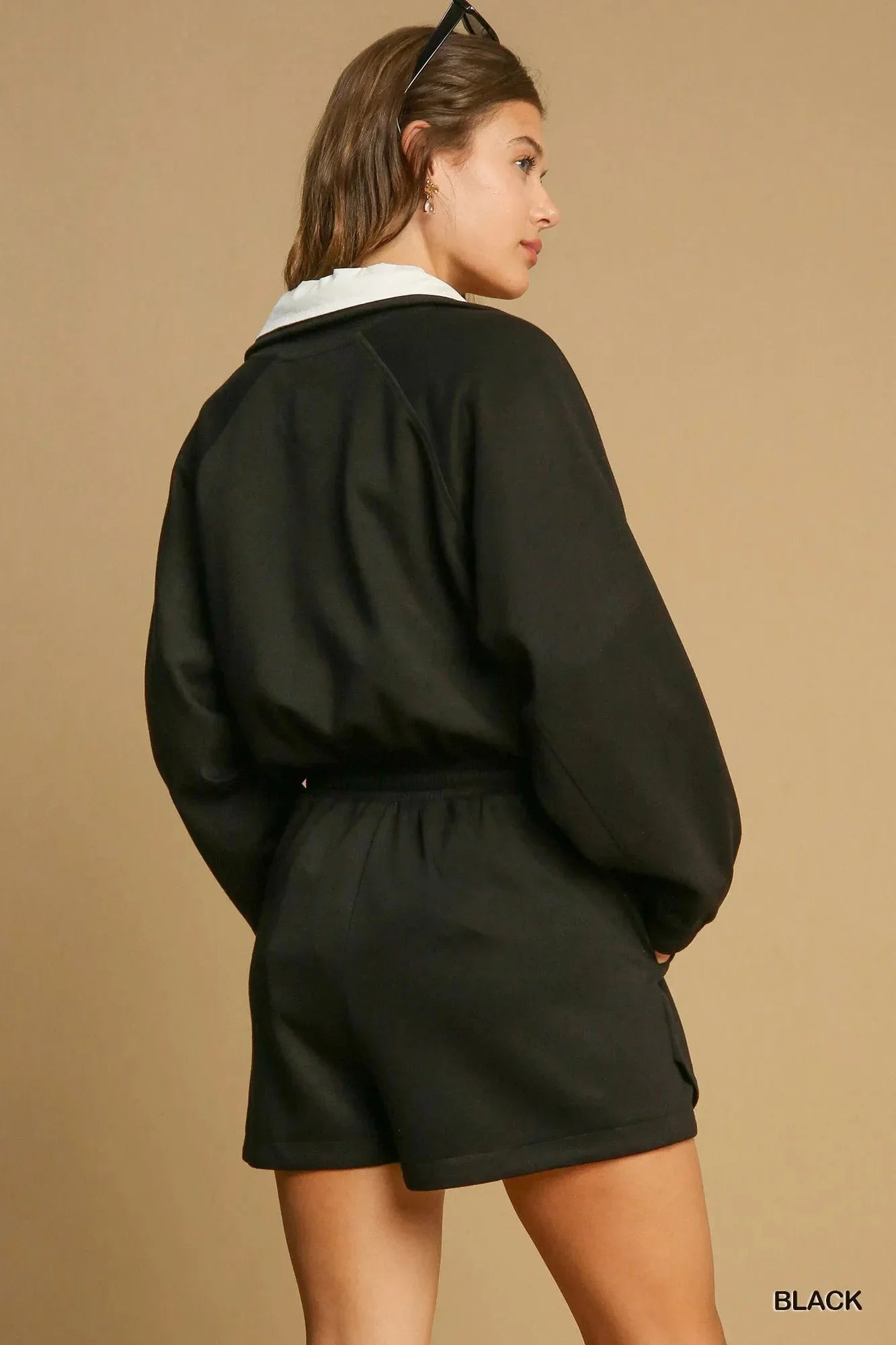 Umgee Half Zip Romper with Drawstring Waist - VILLA FASHION