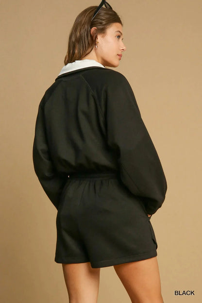 Umgee Half Zip Romper with Drawstring Waist - VILLA FASHION