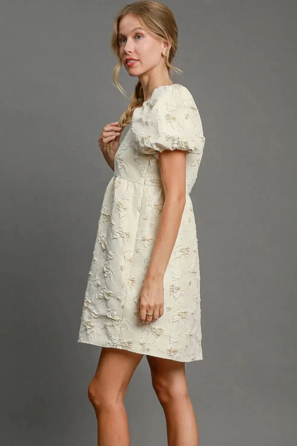 Umgee Heart Jacquard Square Neck Puff Sleeve Mini Dress - VILLA FASHION