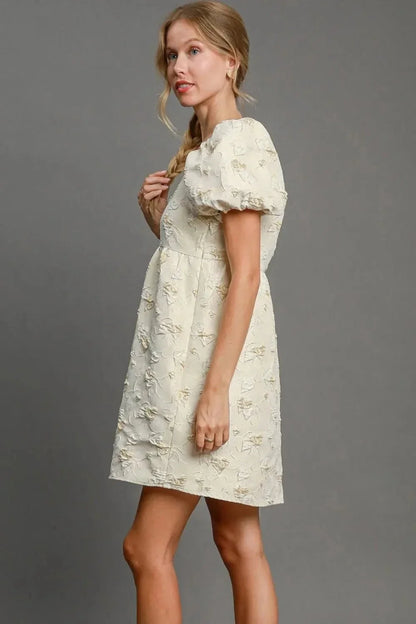 Umgee Heart Jacquard Square Neck Puff Sleeve Mini Dress - VILLA FASHION