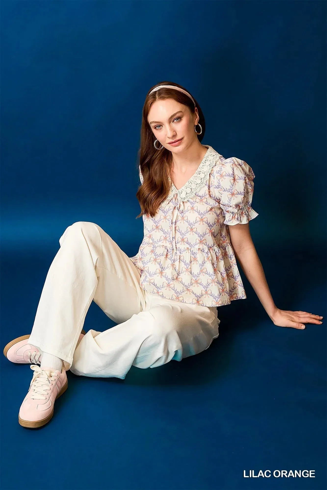 Umgee Lace Detail Bow Print Flounce Sleeve Blouse - VILLA FASHION