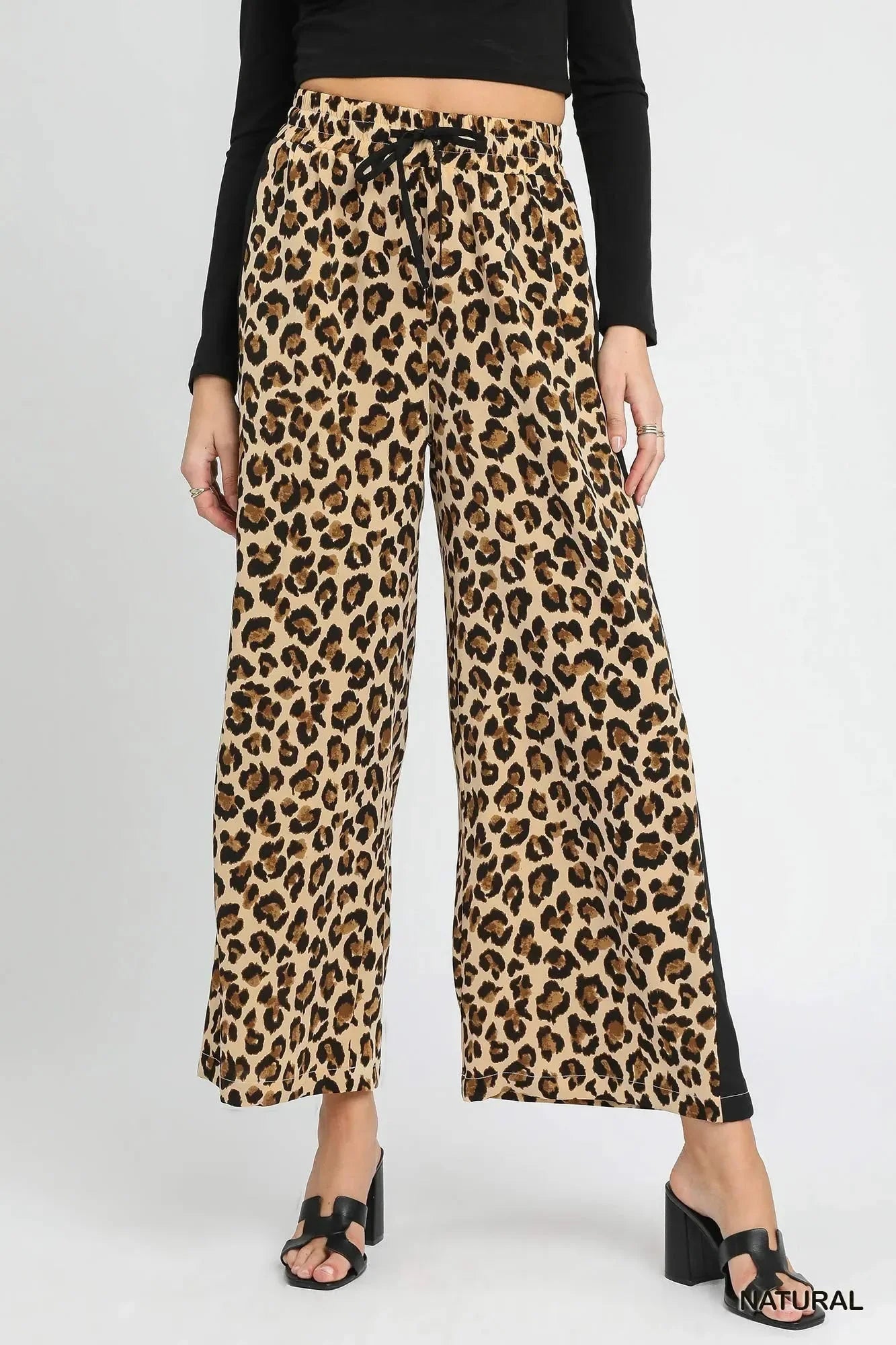 Umgee Leopard Print Wide - Leg Drawstring Pants - VILLA FASHION