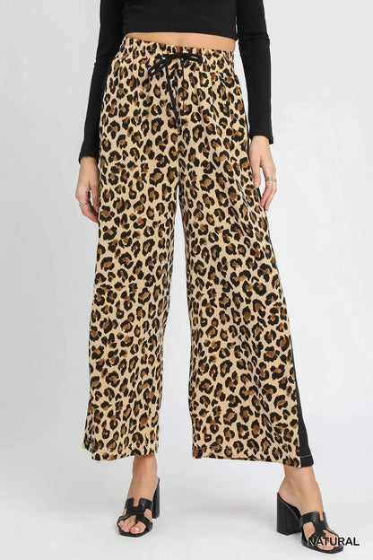 Umgee Leopard Print Wide - Leg Drawstring Pants - VILLA FASHION