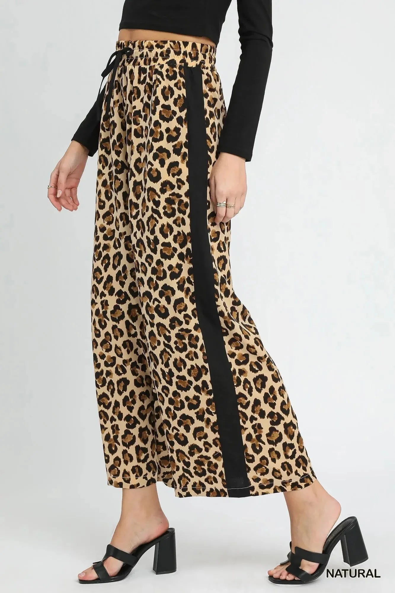 Umgee Leopard Print Wide - Leg Drawstring Pants - VILLA FASHION