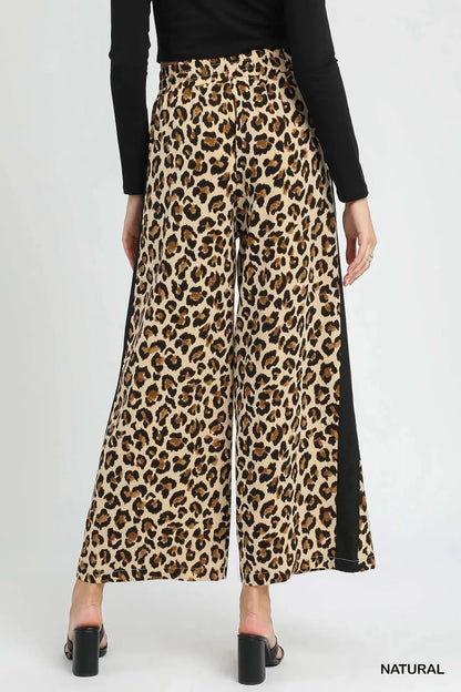 Umgee Leopard Print Wide - Leg Drawstring Pants - VILLA FASHION