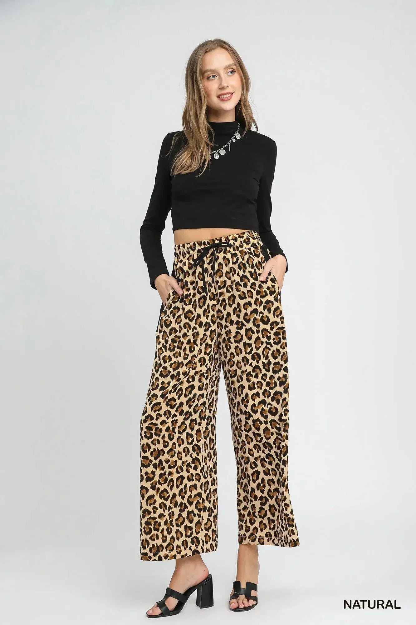 Umgee Leopard Print Wide - Leg Drawstring Pants - VILLA FASHION