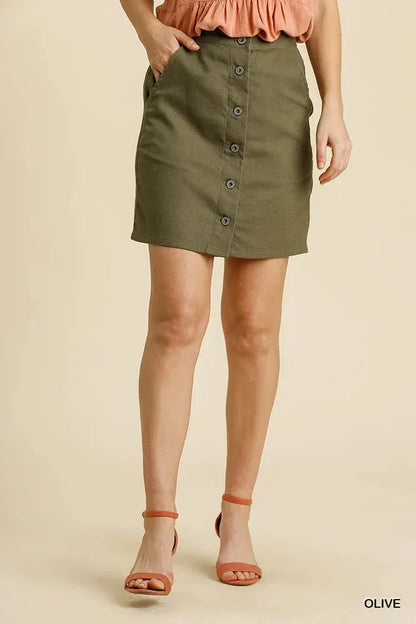 Umgee Linen Blend Button Down Skirt with Pockets - VILLA FASHION