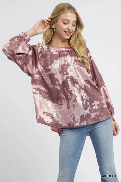 Umgee Metallic Fabric Blouse with Balloon Sleeves - VILLA FASHION