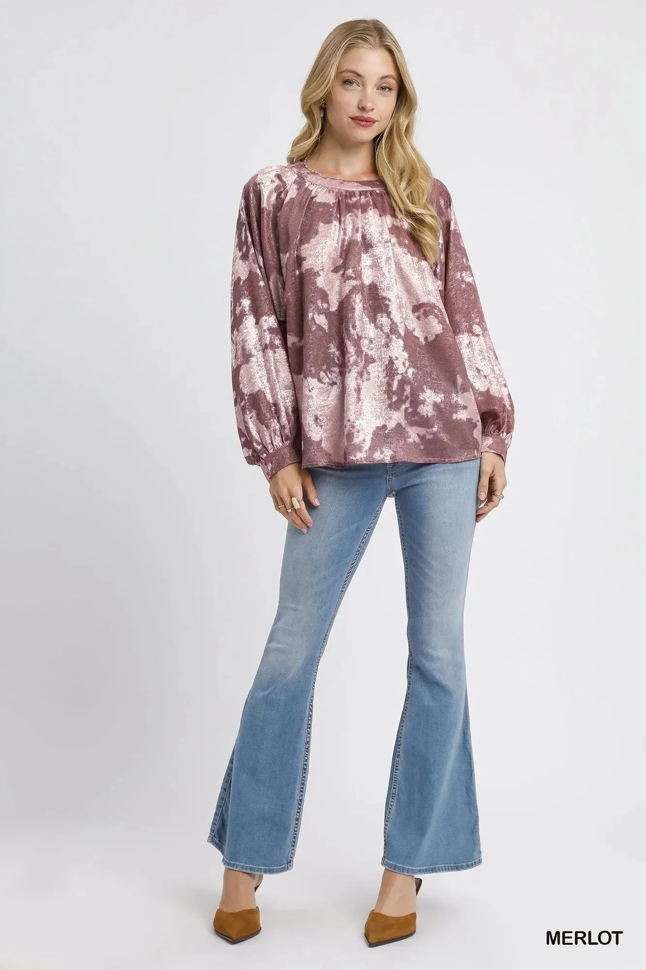 Umgee Metallic Fabric Blouse with Balloon Sleeves - VILLA FASHION