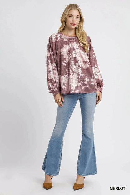 Umgee Metallic Fabric Blouse with Balloon Sleeves - VILLA FASHION